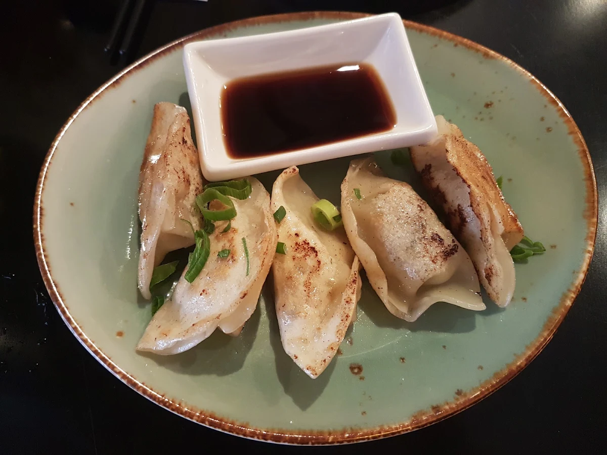 pan fried lamb dumplings 5pcs 羊肉小葱煎饺5粒 with black vinegar 搭配黑醋